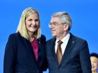 Kirsty Coventry speaks with Outgoing IOC President, Thomas Bach, after being elected as the new IOC President.