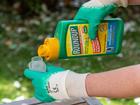 Paris, France - August 15, 2018 : Gardener using Roundup herbicide in a french garden. Roundup is a brand-name of an herbicide containing glyphosate, made by Monsanto Company.