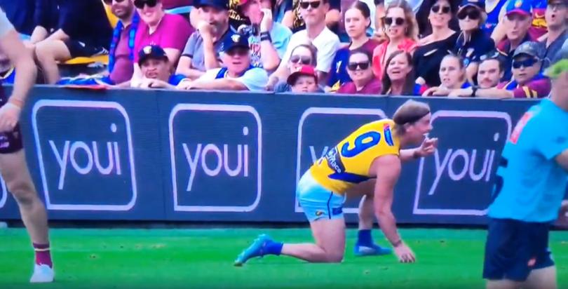 Harley Reid flipping the bird to the Lions’ crowd on Sunday.