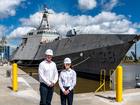 Austal chief executive Paddy Gregg and Austal USA president Michelle Kruger in front of the Austal-built littoral combat ship USS Pierre. 