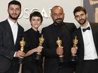 Hamdan Ballal, third from left, won an Oscar for best documentary feature film for No Other Land. (AP PHOTO)