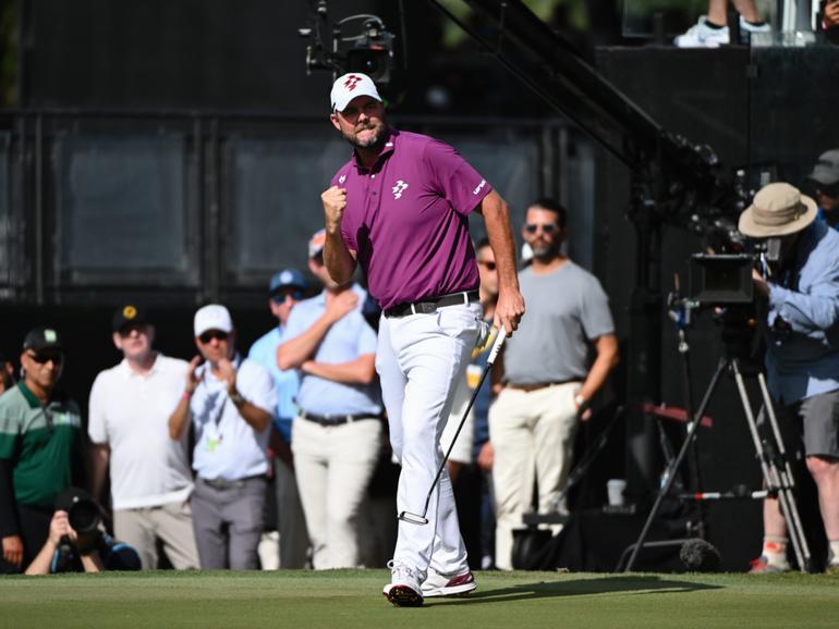 Marc Leishman of the Ripper GC gives fist pump after saving par on the 18th hole during the final day of the 2025 LIV Golf Invitational - Miami at the Trump National Golf Course on April 6, 2025 in Doral, Florida. (Photo by JC Ruiz/Sipa USA)