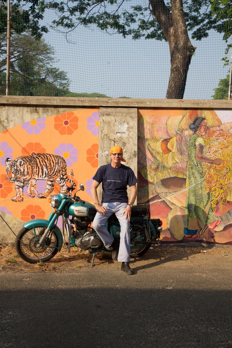 Stephen Scourfield with the Royal Enfield Bullet 500 in Fort Kochi, Kerala. Picture: Virginia Ward