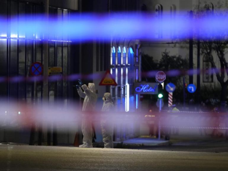 Investigators are inspecting the site after a bomb exploded outside Athens' Hellenic Train offices.