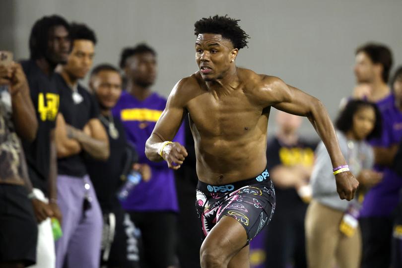 Kyren Lacy participates in the 40-yard dash during LSU Pro Day on March 26.