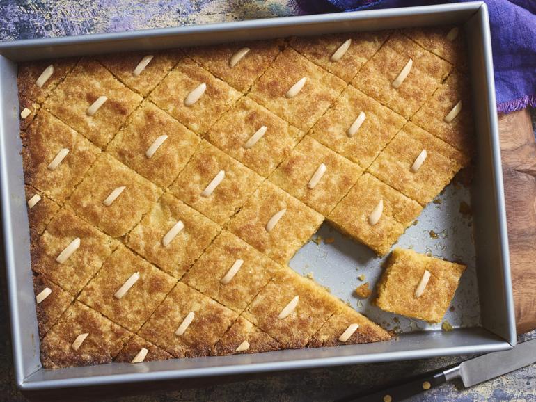 Namoura (syrup-soaked semolina cake) photographed in Jersey City, N.J., May 25, 2017. (Melina Hammer/The New York Times)