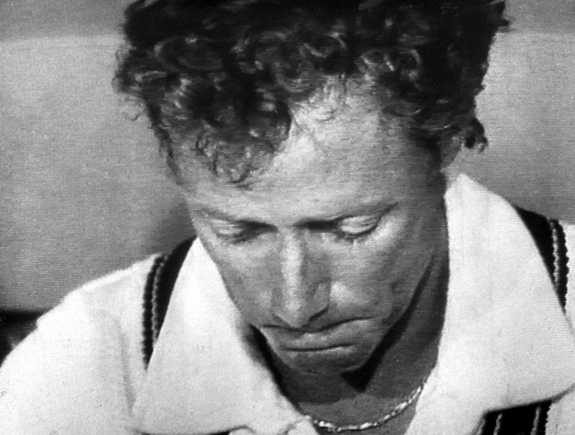 December 9, 1984. Cricketer Kim Hughes chokes back tears as he announces his resignation of captaincy from Australian Cricket Team. 
