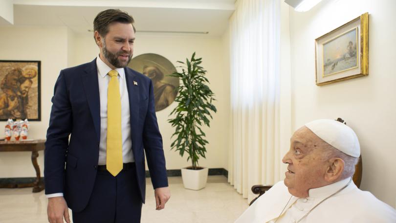 Pope Francis  meets with U.S. Vice President JD Vance and delegation during an audience at Casa Santa Marta on April 20, 2025 in Vatican City, Vatican.