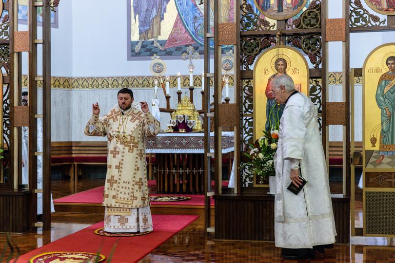 Australia’s cardinal Mykola Bychok (left) is seen during a Ukrainian Catholic Easter celebration in 2023.