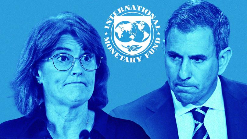 RBA governor Michele Bullock and Treasurer Jim Chalmers with an IMF logo.