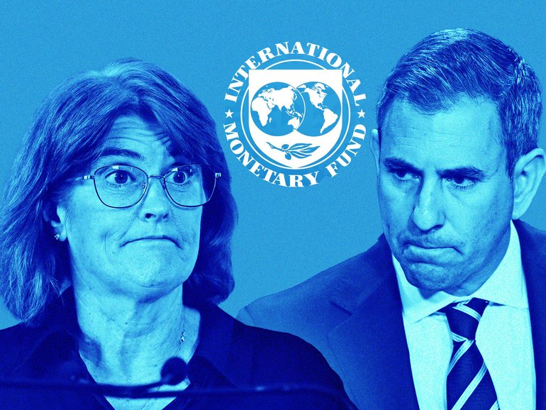 RBA governor Michele Bullock and Treasurer Jim Chalmers with an IMF logo.