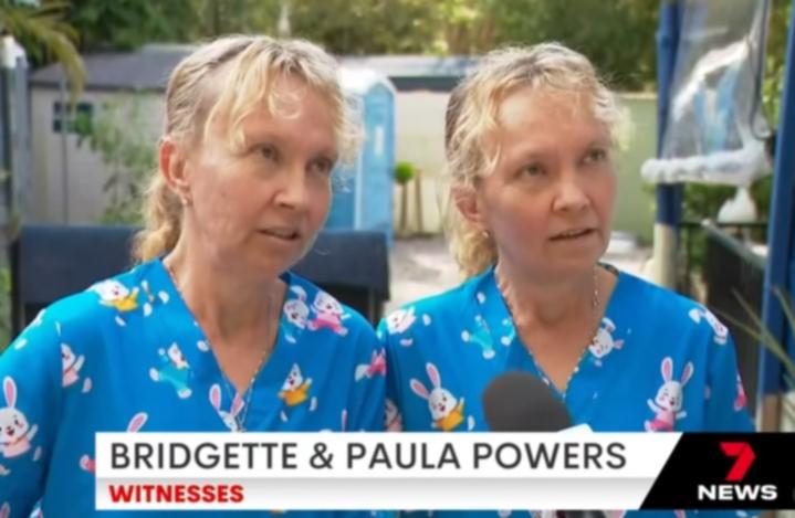 A pair of identical twin sisters from Queensland recall the terrifying run-in they had with a gunman.