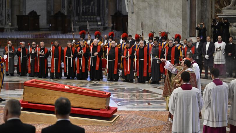 The body of Pope Francis lies in state at the Basilica St Peter on April 23, 2025 in Vatican City, Vatican.