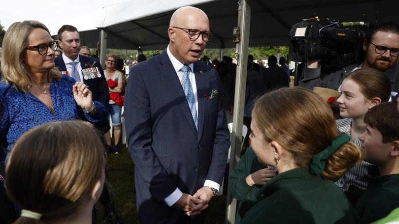 Opposition Leader Peter Dutton as he attended the 2025 ANZAC Day remembrance service at Samford RSL Sub Branch memorial in Mr Duttons electorate of Dixon in Brisbane Queensland.