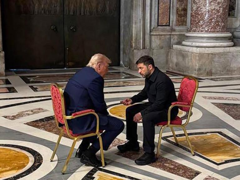 US President Donald Trump and Ukrainian leader Volodymyr Zelensky have spoken for 15 minutes at the Vatican in a meeting US officials called ‘very productive’, after a heated meeting for their last encounter.