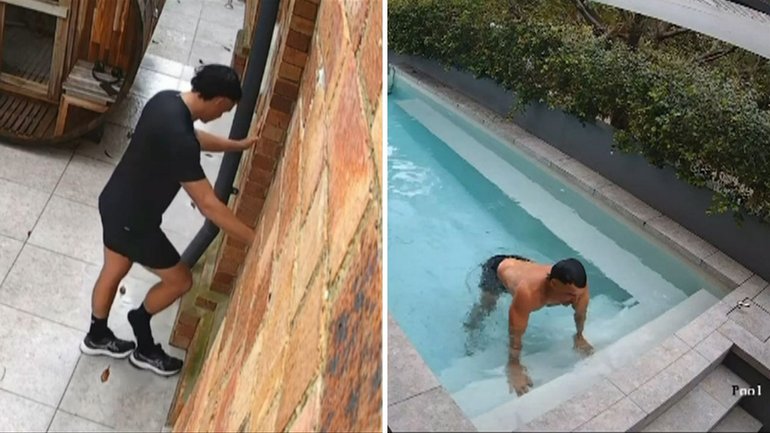 Captured on CCTV: The stranger removes his shoes before taking a dip in the family’s pool in New Farm, Brisbane.