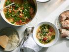 Chickpea stew with orzo (risoni) and mustard greens in New York, Aug. 19, 2021. Melissa Clark puts chickpeas front and centre in this vegetable soup, which gets just a little chew from orzo. Food styled by Simon Andrews. (David Malosh/The New York Times)