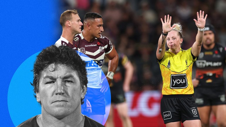 Siosiua Taukeiaho of the Sea Eagles is sent to the sin-bin by referee Belinda Sharpe