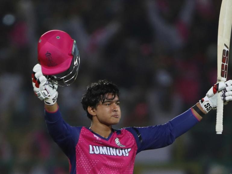 Rajasthan Royals' Vaibhav Suryavanshi, aged 14, celebrates after scoring a 35-ball century. (AP PHOTO)