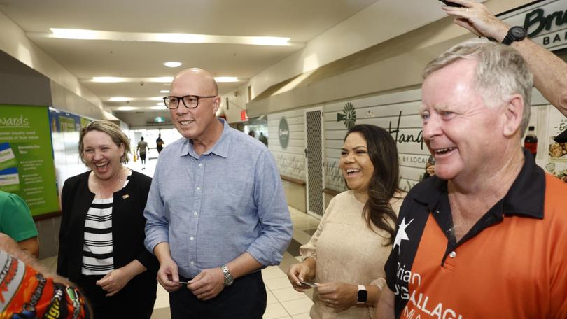 Peter Dutton campaigned alongside Jacinta Nampijinpa Price in the Solomon electorate in Darwin in the Northern Territory on Saturday. Picture: Richard Dobson / Newswire
