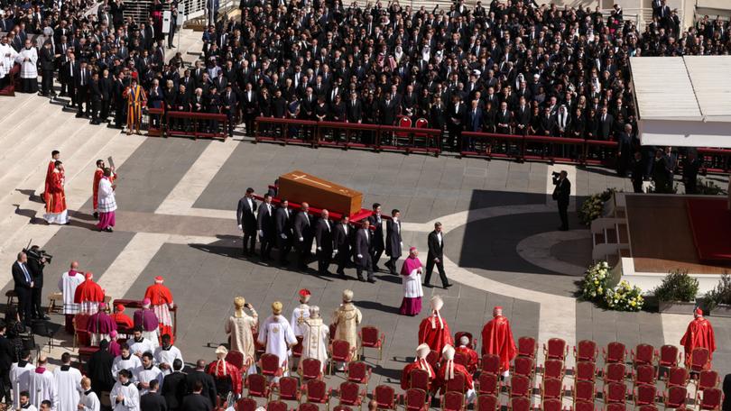A general view of St. Peter’s Square as pallbearers carry the coffin during the funeral of Pope Francis on April 26, 2025 in Vatican City, Vatican.