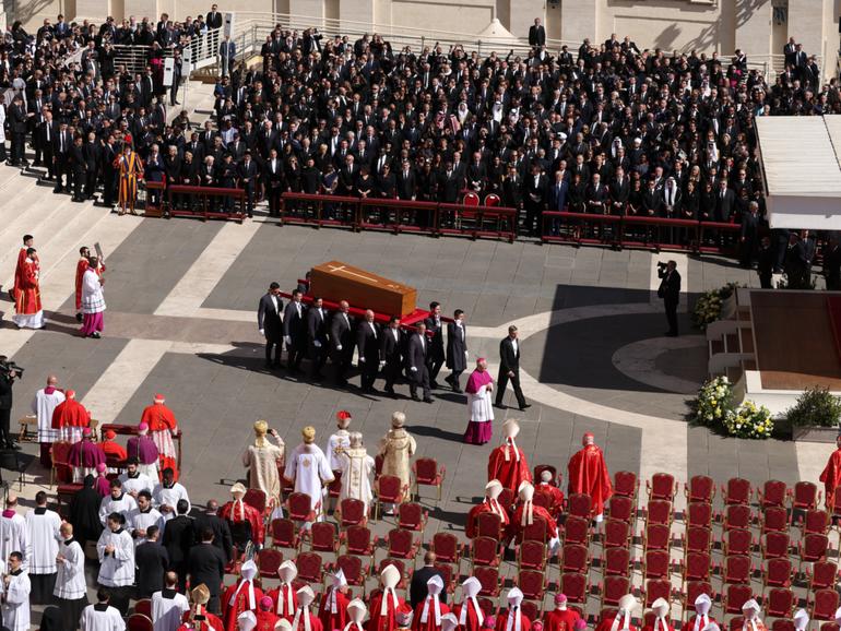 A general view of St. Peter’s Square as pallbearers carry the coffin during the funeral of Pope Francis on April 26, 2025 in Vatican City, Vatican.