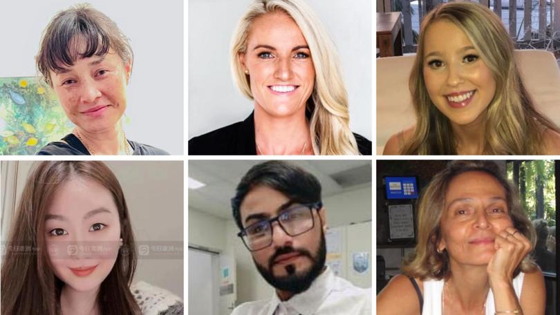 Bondi stabbing victims (top l-r) Jade Young, Ashlee Good, Dawn Singleton, (bottom l-r) Cheng Yixuan, Faraz Tahir and Pikria Darchia.