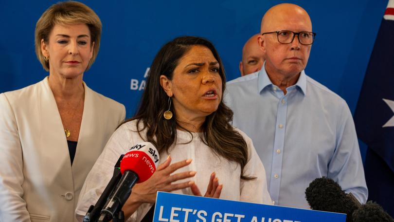 Jacinta Price, flanked by Michaelia Cash and Peter Dutton has her MAGA moment. 