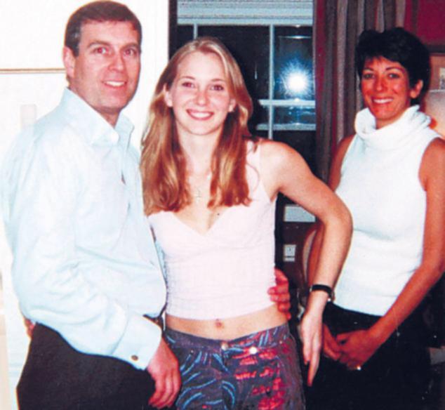 Virginia flanked by Prince Andrew and Ghislaine Maxwell in 2001.