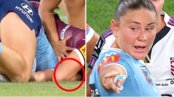 NSW skipper Isabelle Kelly talks to the referee about Keeley Davis' eye gouge claim.