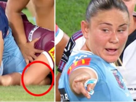 NSW skipper Isabelle Kelly talks to the referee about Keeley Davis' eye gouge claim.