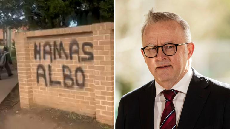 An Islamic school has been graffitied with the words 'Hamas Albo'.