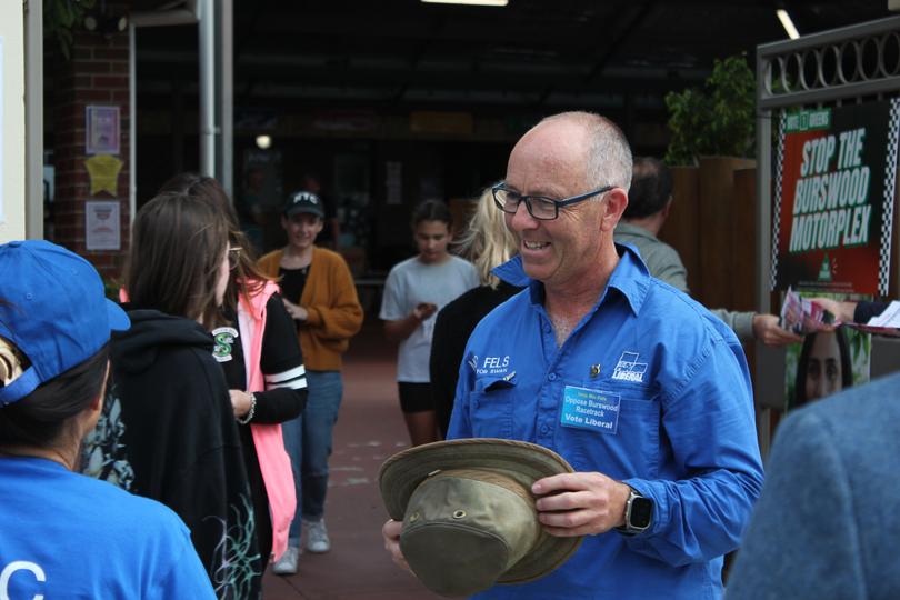 Liberal candidate for Swan Mic Fels greeted voters at St Augustine's Primary School in Rivervale.