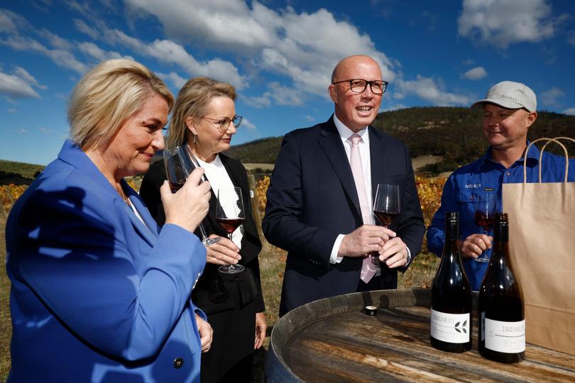 NCA 2025 FEDERAL ELECTION LIBERAL BUS. 24/04/2025 Pictured at Bremley Winery in the Lyons electorate outside Hobart in Tasmania is Liberal candidate for Lyons Susie Bower, Deputy Opposition Leader Sussan Ley , Opposition Leader Peter Dutton and the wine maker James Bresnehan. Picture: Richard Dobson / Newswire Picture: Richard Dobson