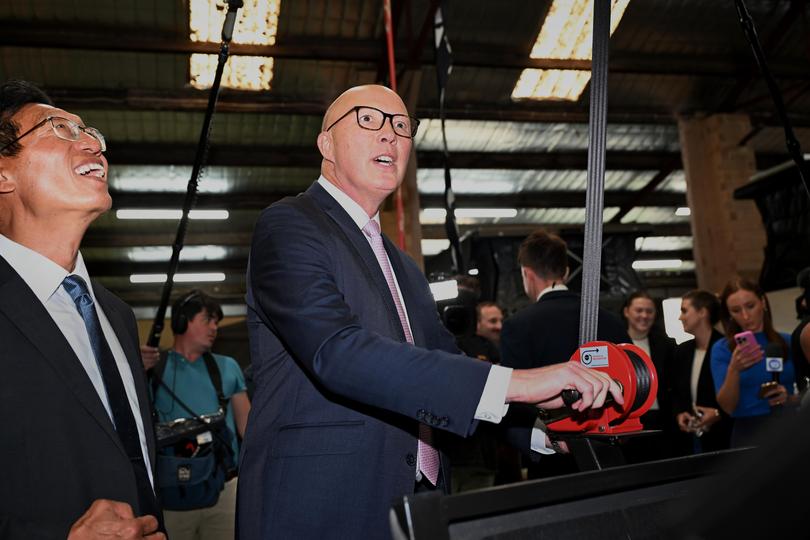 Opposition Leader Peter Dutton alongside Liberal candidate for Tangney, Howard Ong visit Off Road Equipment a 4WD product store in the electorate of Tangney and suburb of Myaree on May 02, 2025 in Perth, Australia. Australia will hold a federal election on May 3.