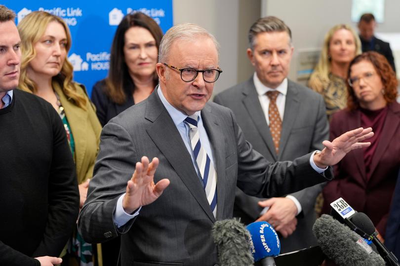 Australian Prime Minister Anthony Albanese speaks during a visit to Pacific Link Housing in the electorate of Robertson on April 28, 2025 in Gosford, Australia.