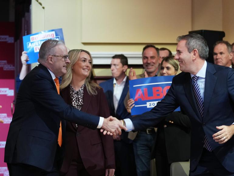 Australian Prime Minister Anthony Albanese and partner Jodie Haydon are greeted by Australian Treasurer Jim Chalmers at Labor Party rally in Sydney.