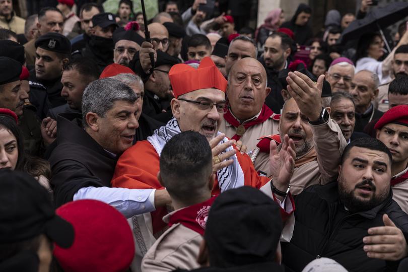 The Latin Patriarch Pierbattista Pizzaballa arrives at the Church of the Nativity, traditionally believed to be the birthplace of Jesus, in Bethlehem, the West Bank, on Dec. 24, 2023.