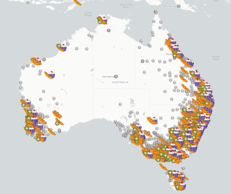 A rough map of registered sausage sizzle locations in Australia on Federal election day.