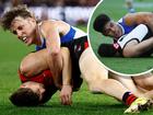 Jaxon Prior of the Bombers is tackled by Nick Larkey of the Kangaroos and inset, Josh Sinn of the Power is tackled by Paul Curtis of the Kangaroos.