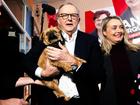 Australian Prime Minister Anthony Albanese holds someone's pet dog during a to visit to Rooke Street Mall shopping area on May 02, 2025 in Devonport, Australia. 