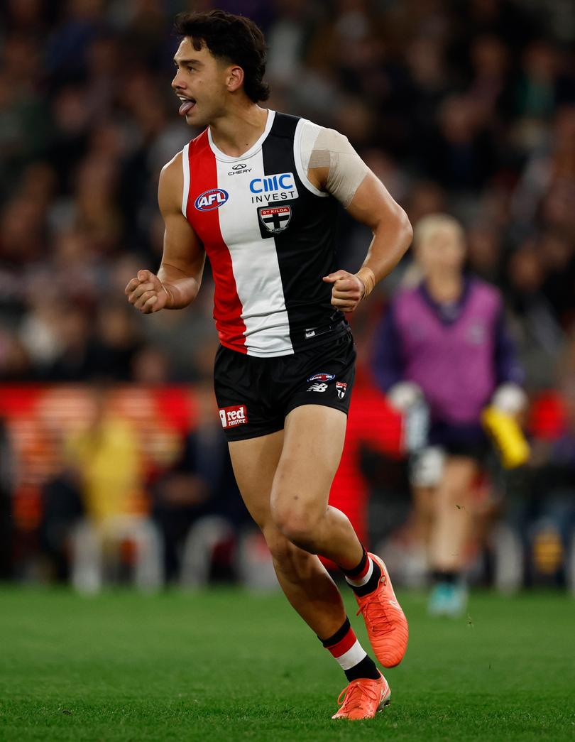 MELBOURNE, AUSTRALIA - MAY 02: Mitch Owens of the Saints celebrates a goal during the 2025 AFL Round 08 match between the St Kilda Saints and the Fremantle Dockers at Marvel Stadium on May 2, 2025 in Melbourne, Australia. (Photo by Michael Willson/AFL Photos via Getty Images)