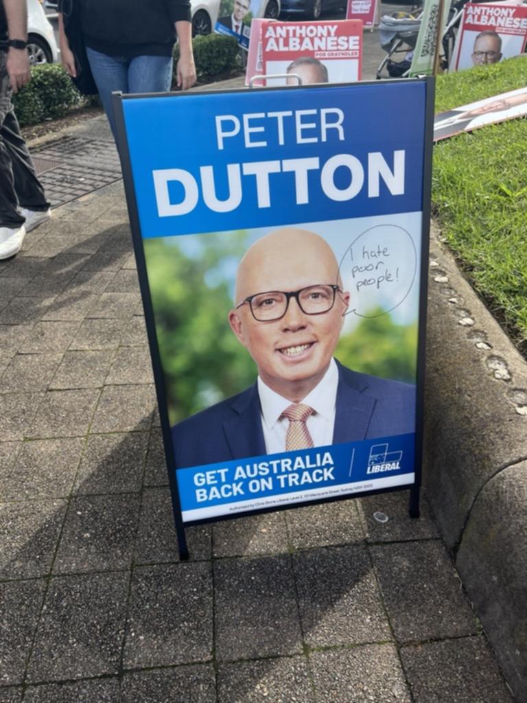 A defaced Liberal sign in the PM's electorate.