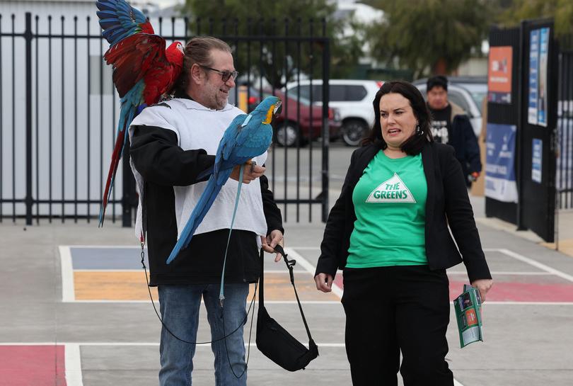 Greens Candidate for Brand Jody Freeman checks out a Macaw at Wellard Primary School.