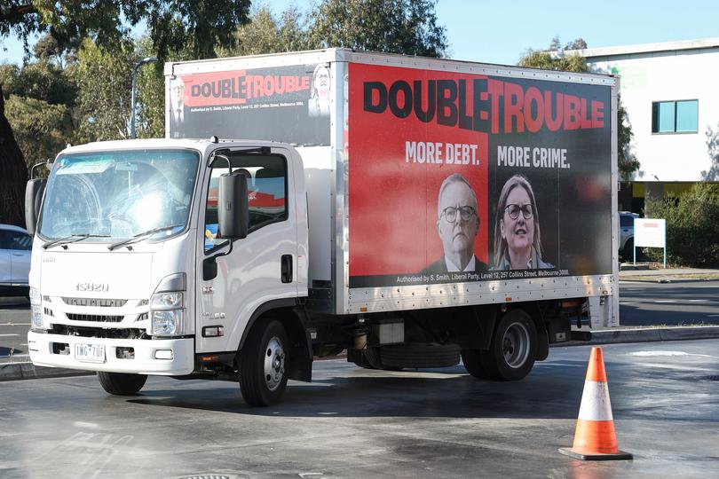 Opposition Leader Peter Dutton arrives at the Liberty Petrol Station in the Electorate of Gorton with Senator James Paterson in the ‘double trouble’ truck.