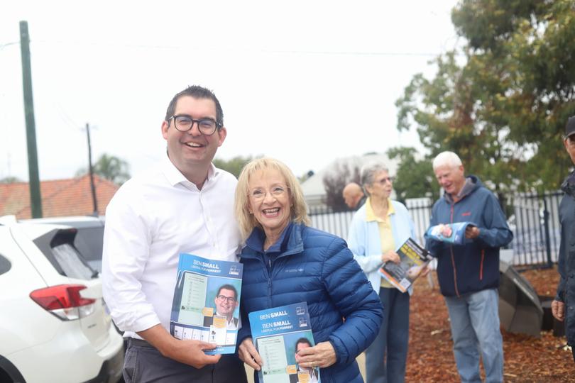 Forrest Liberals candidate Ben Small talks with voters and retiring MP Nola Marino.