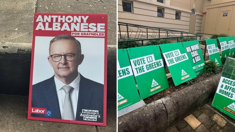 Labor and Greens signs in the seat of Grayndler.