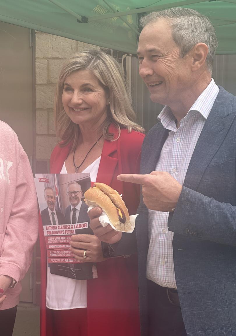 Labor candidate Trish Cook with Premier Roger Cook at Watle Grove Primary School on Saturday