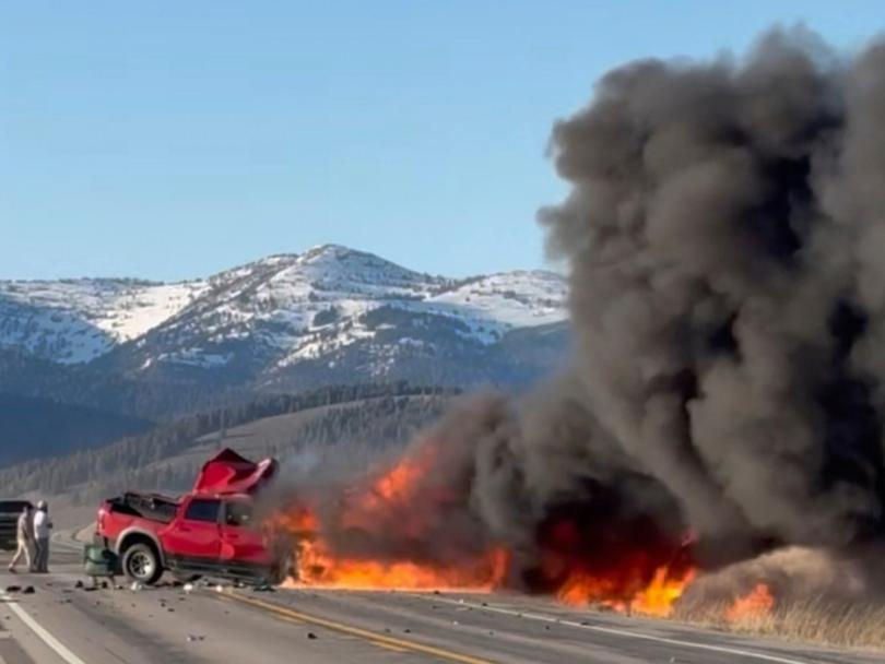 Rescue workers arrive to the scene after a deadly collision between a pickup truck and tour van near Henry’s Lake State Park in eastern Idaho on Thursday, May 1, 2025.
