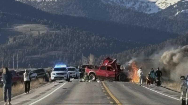 Rescue workers arrive to the scene after a deadly collision between a pickup truck and tour van near Henry’s Lake State Park in eastern Idaho on Thursday, May 1, 2025.